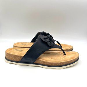 Clarks Womens Size 12 Brynn Style Black Leather Slip On Floral Sandals Shoes